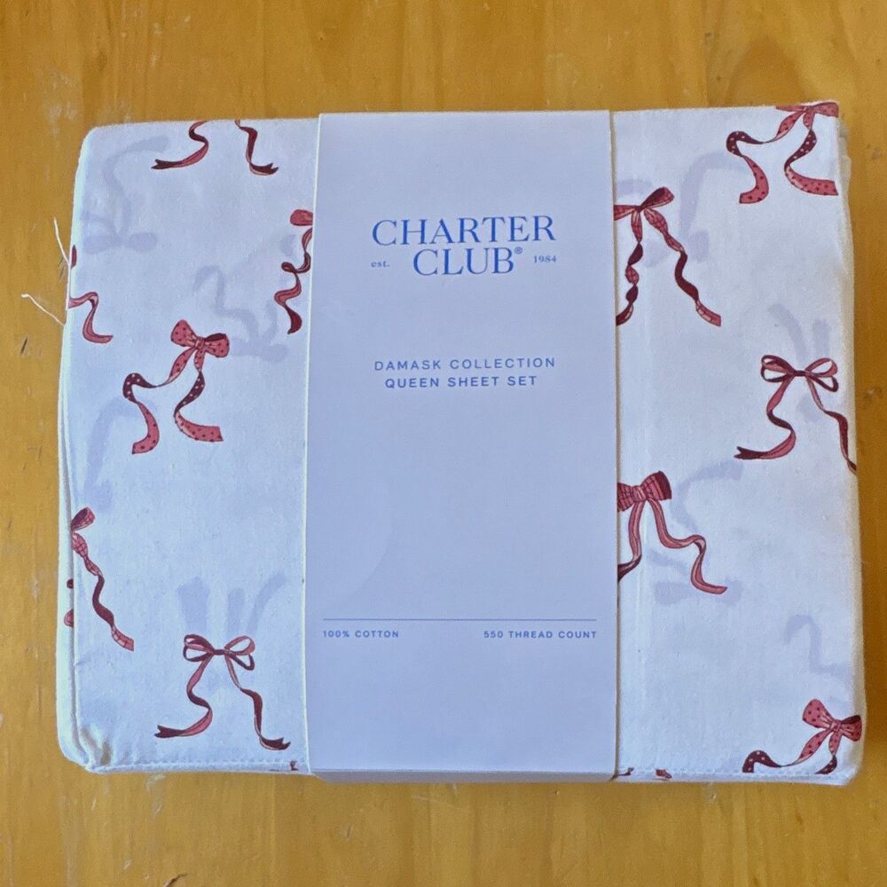 Charter Club Damask Collection Sheet Set Queen 100% Cotton 550TC White/Red Bow